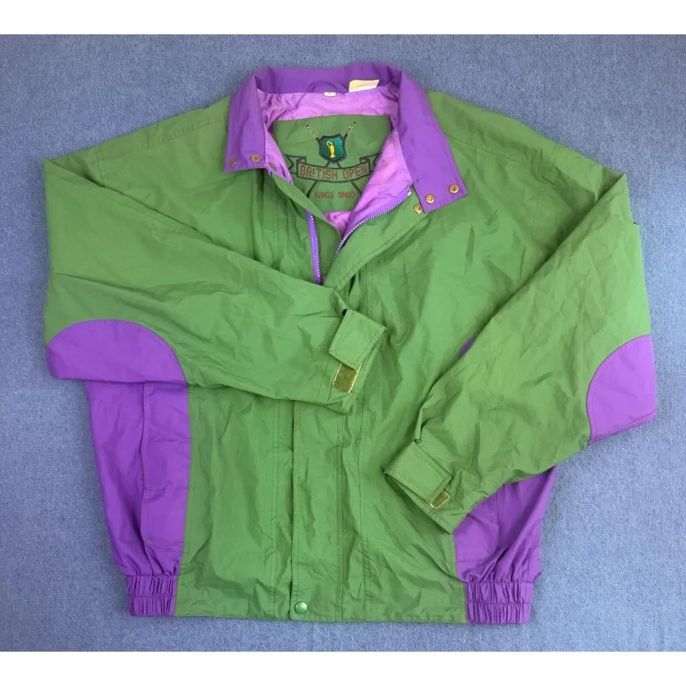 Vintage British Open Golf Jacket Large Green Purple Colorblock Windbreaker